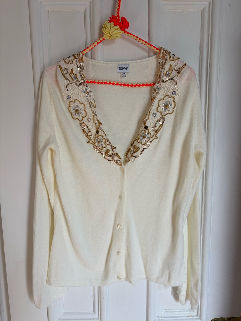 Cream Cardigan with Gold & White Beaded Embroidery Details